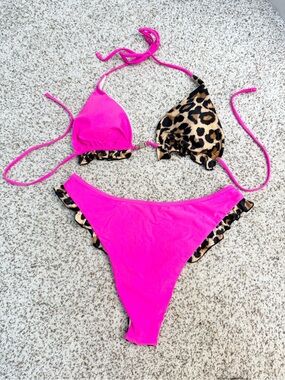 Source Unknown Hot Pink & Leopard Print Triangle Bikini
